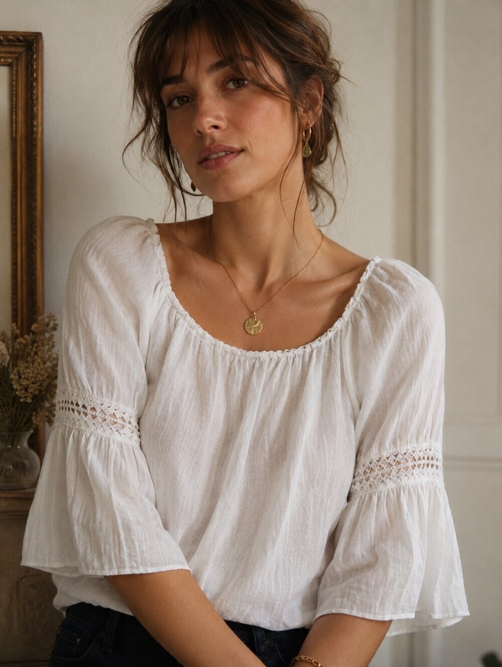 Made in Italy White Linen Blend Boho Peasant Blouse | Women's Large